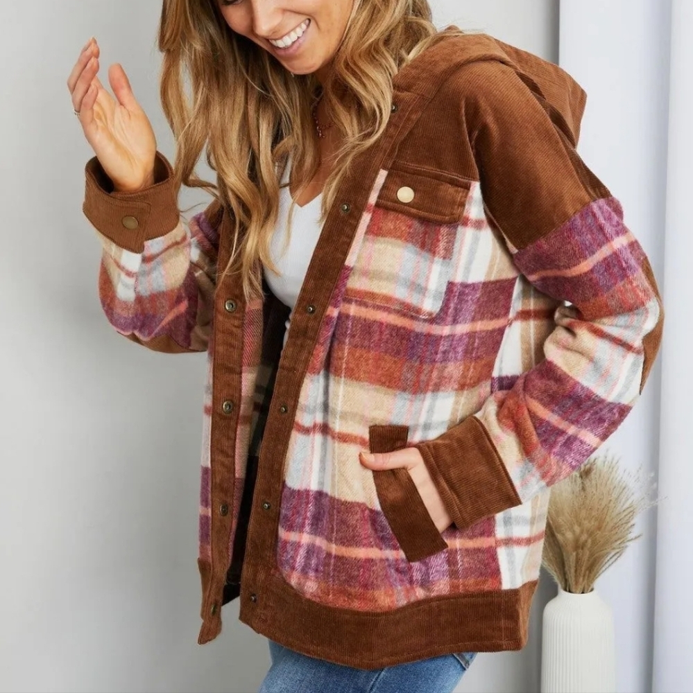 New Like Love by Sew in Love Corduroy and Flannel plaid hooded jacket sz…